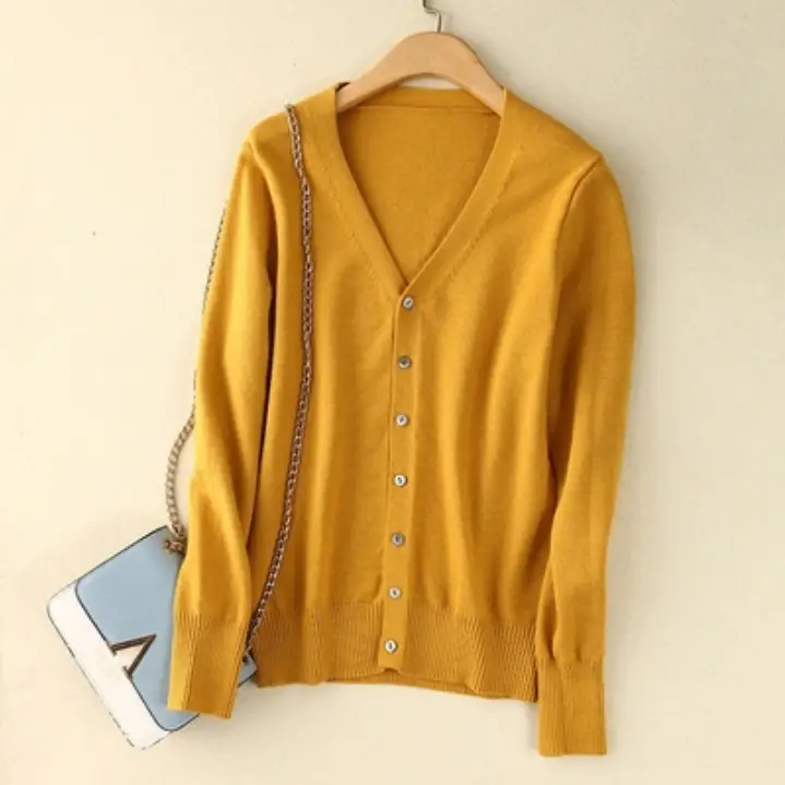 Women V-Neck Knitted Cardigan Brown Long Sleeve - Image 2