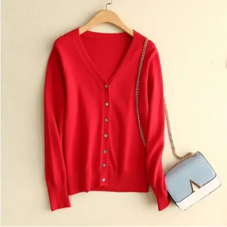 Women V-Neck Knitted Cardigan Brown Long Sleeve - Image 3