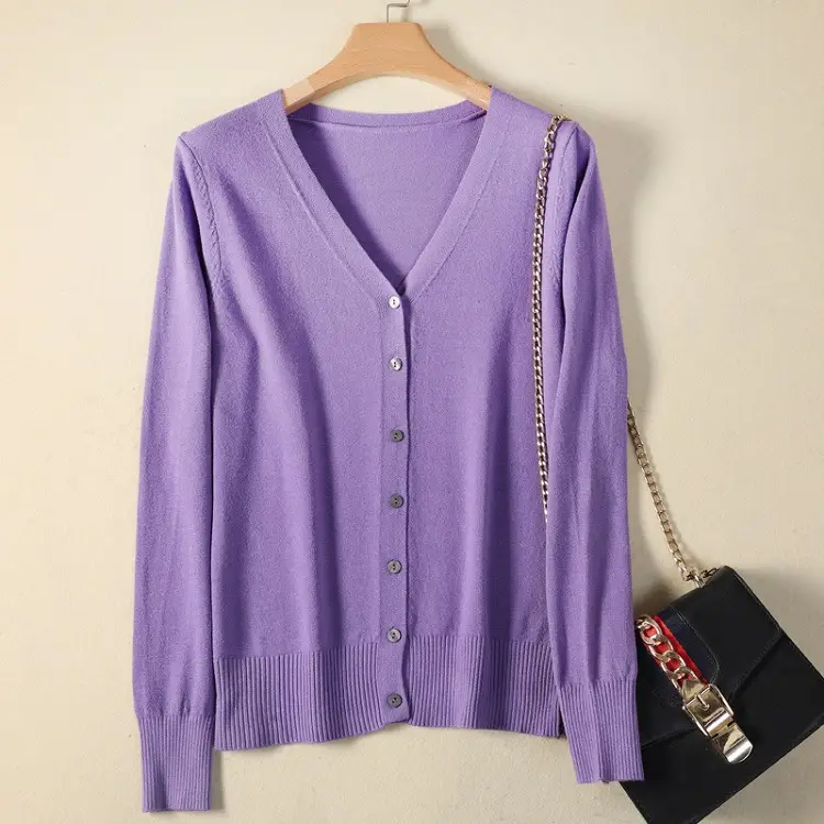 Women V-Neck Knitted Cardigan Brown Long Sleeve - Image 4
