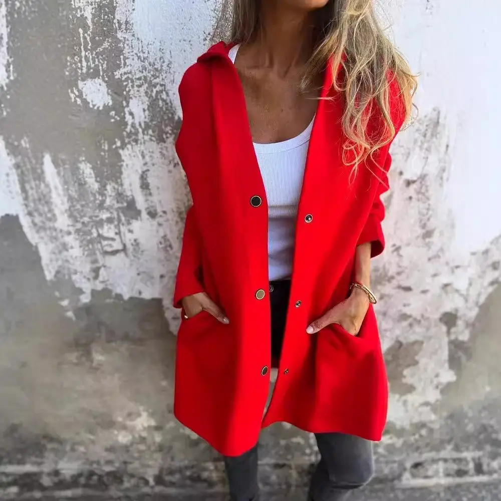 2025 Red Solid Color Single Breasted Hooded Jacket - Image 13