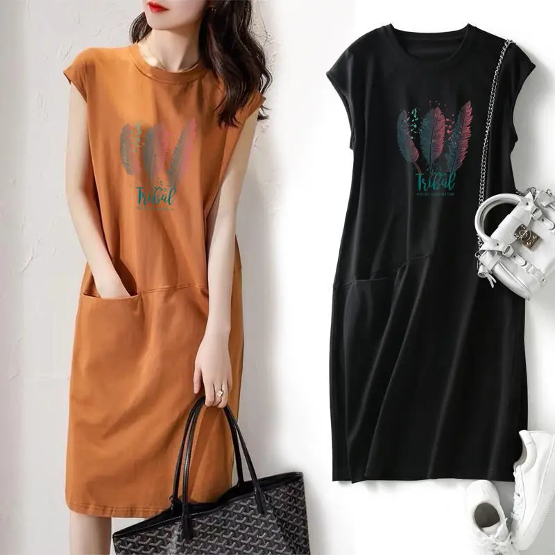 Women Printed Green T-Shirt Dress Mid Length Loose Slimming - Image 11