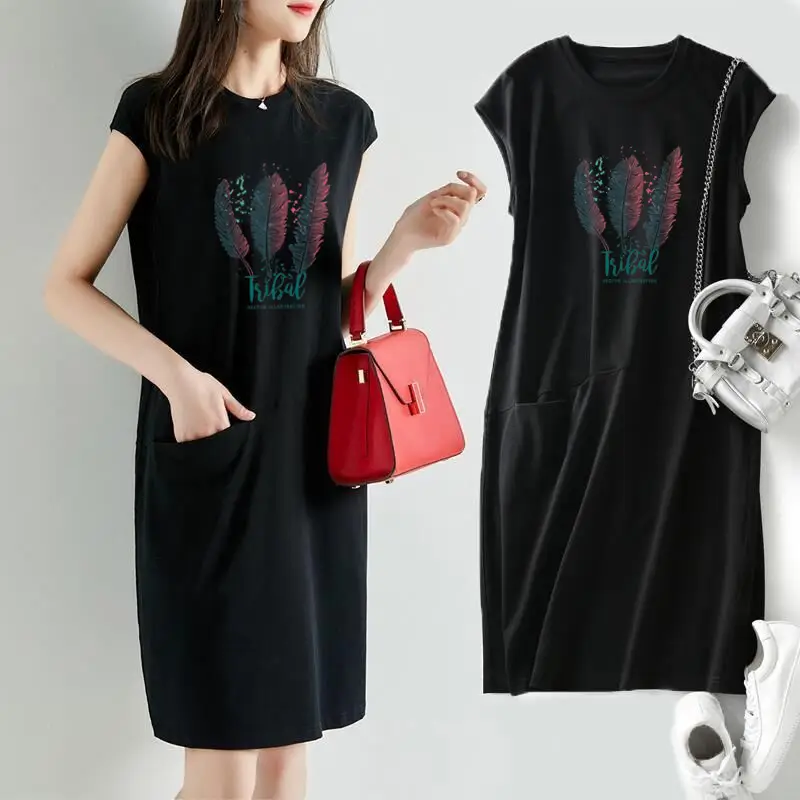 Women Printed Green T-Shirt Dress Mid Length Loose Slimming - Image 12