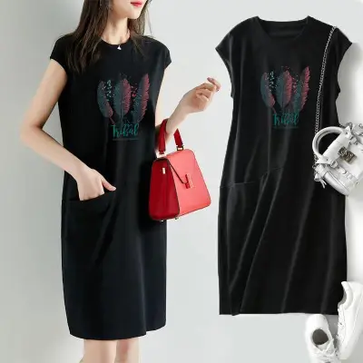 Women Printed Green T-Shirt Dress Mid Length Loose Slimming - Image 10