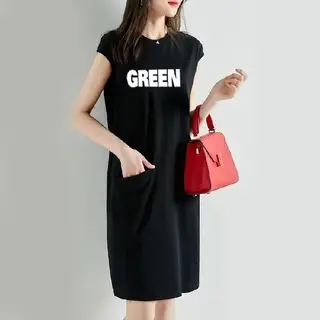 Women Printed Green T-Shirt Dress Mid Length Loose Slimming - Image 2