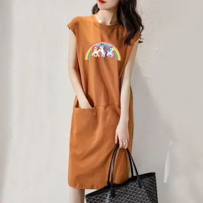 Women Printed Green T-Shirt Dress Mid Length Loose Slimming - Image 3