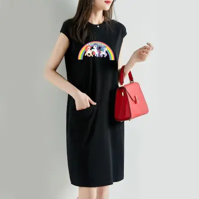 Women Printed Green T-Shirt Dress Mid Length Loose Slimming - Image 4