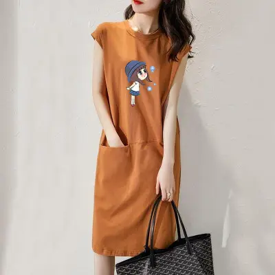 Women Printed Green T-Shirt Dress Mid Length Loose Slimming - Image 5