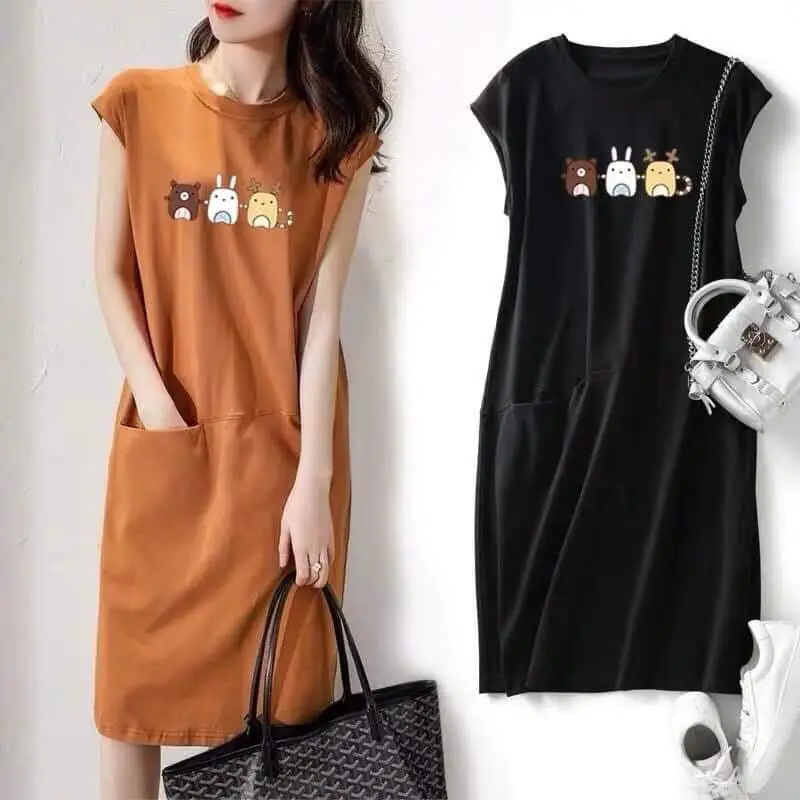Women Printed Green T-Shirt Dress Mid Length Loose Slimming - Image 7