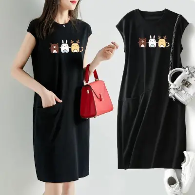 Women Printed Green T-Shirt Dress Mid Length Loose Slimming - Image 8