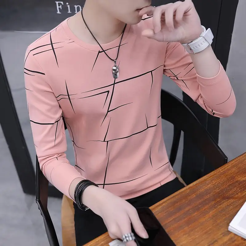 Men's White Black Line Long Sleeve T-Shirt Round Neck Slim Fit - Image 4
