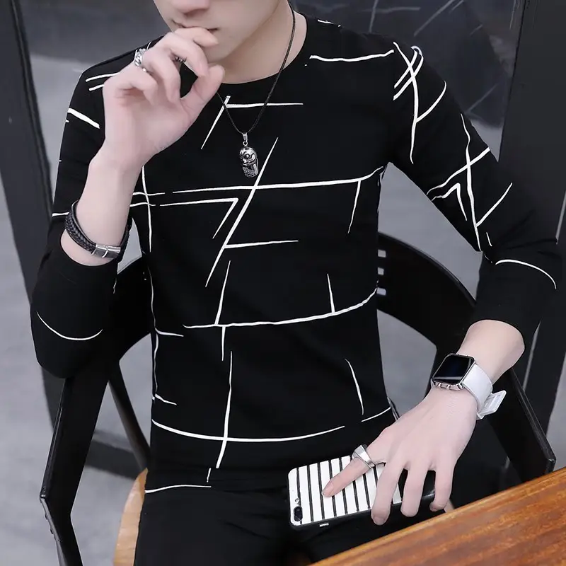Men's White Black Line Long Sleeve T-Shirt Round Neck Slim Fit - Image 5