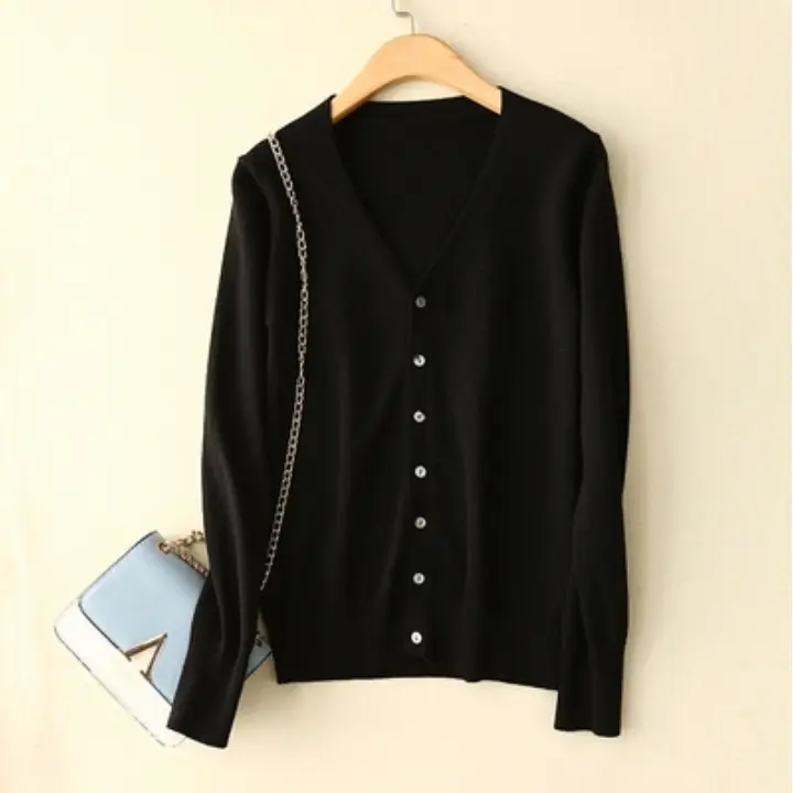 Women V-neck Knitted Cardigan Grey Large - Image 5