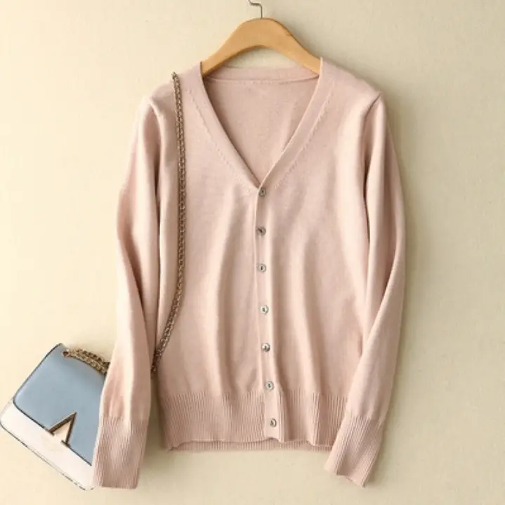 Women V-neck Knitted Cardigan Grey Large - Image 7