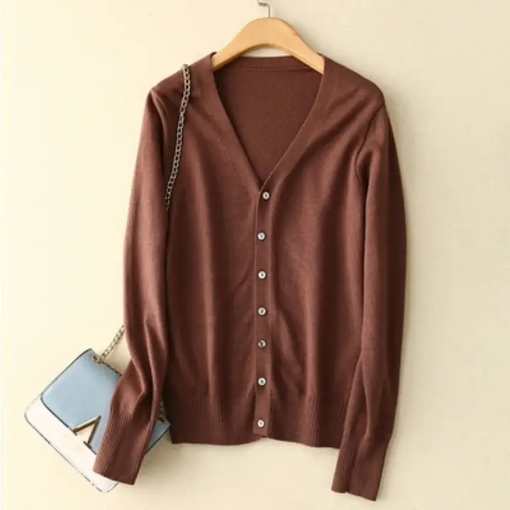 Women V-neck Knitted Cardigan Grey Large - Image 9