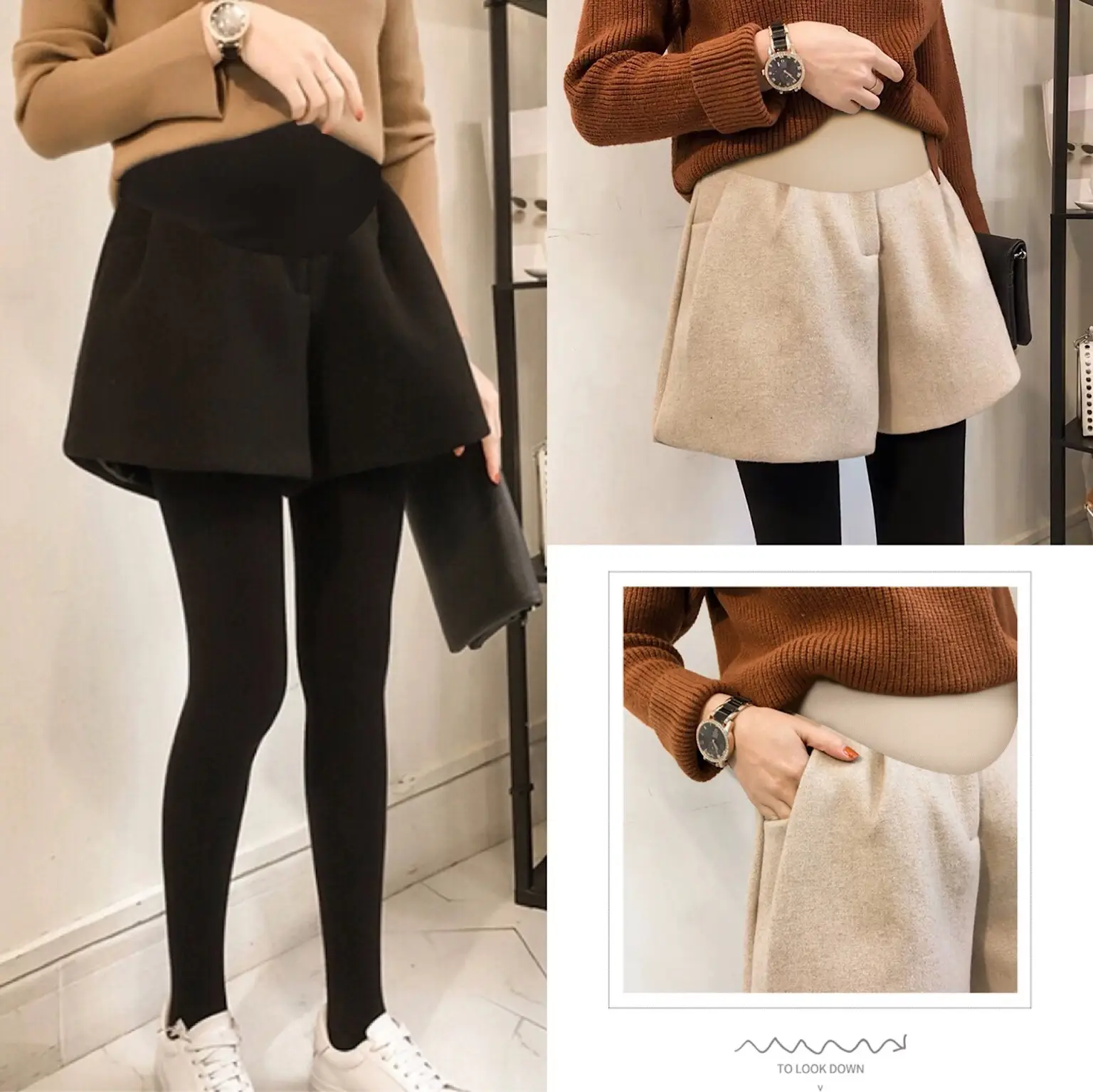 Pregnant Women Beige Wool Shorts Wide Leg Outdoor Wear — feature 1
