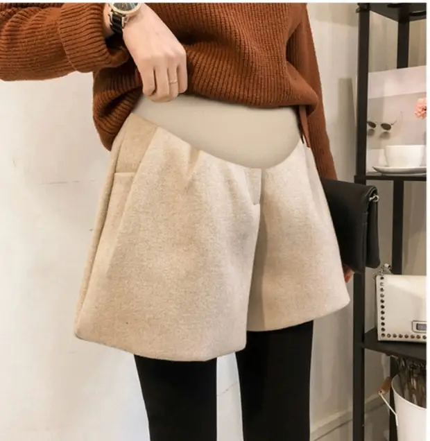 Pregnant Women Beige Wool Shorts Wide Leg Outdoor Wear — feature 25