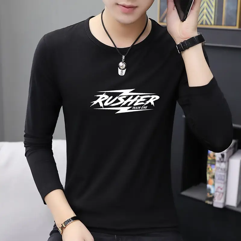 Men Korean Style Long Sleeve Printed T-Shirt Grey