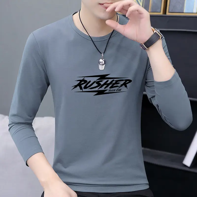 Men Korean Style Long Sleeve Printed T-Shirt Grey