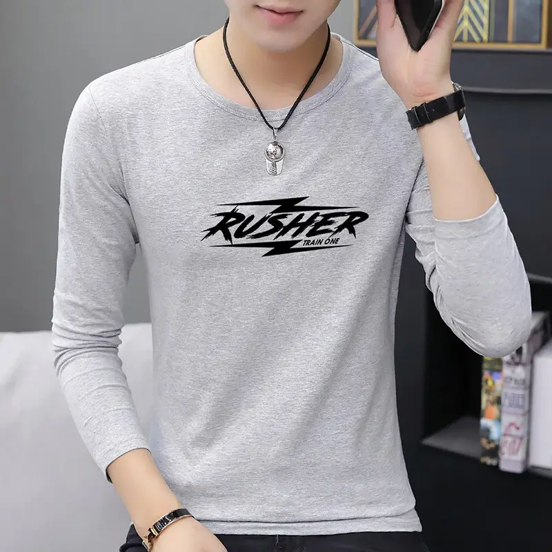 Men Korean Style Long Sleeve Printed T-Shirt Grey
