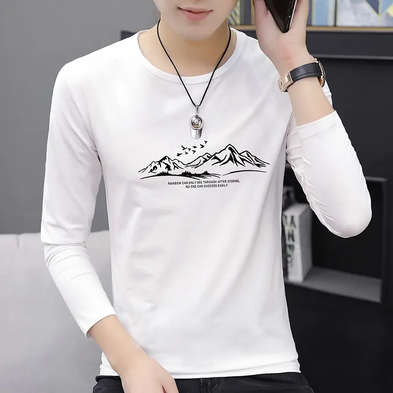 Men Korean Style Long Sleeve Printed T-Shirt Grey