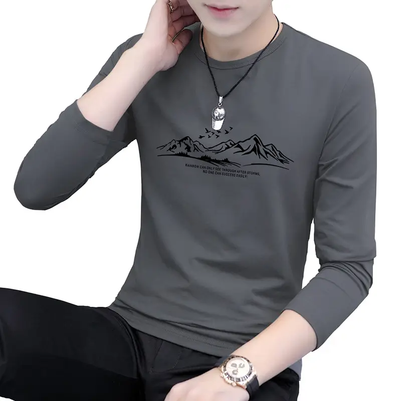Men Korean Style Long Sleeve Printed T-Shirt Grey