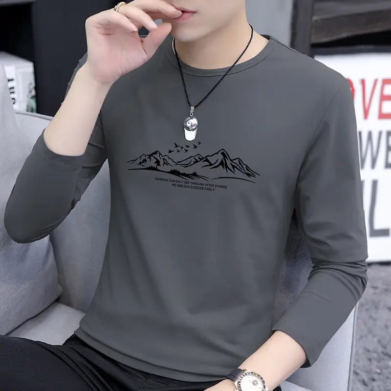 Men Korean Style Long Sleeve Printed T-Shirt Grey