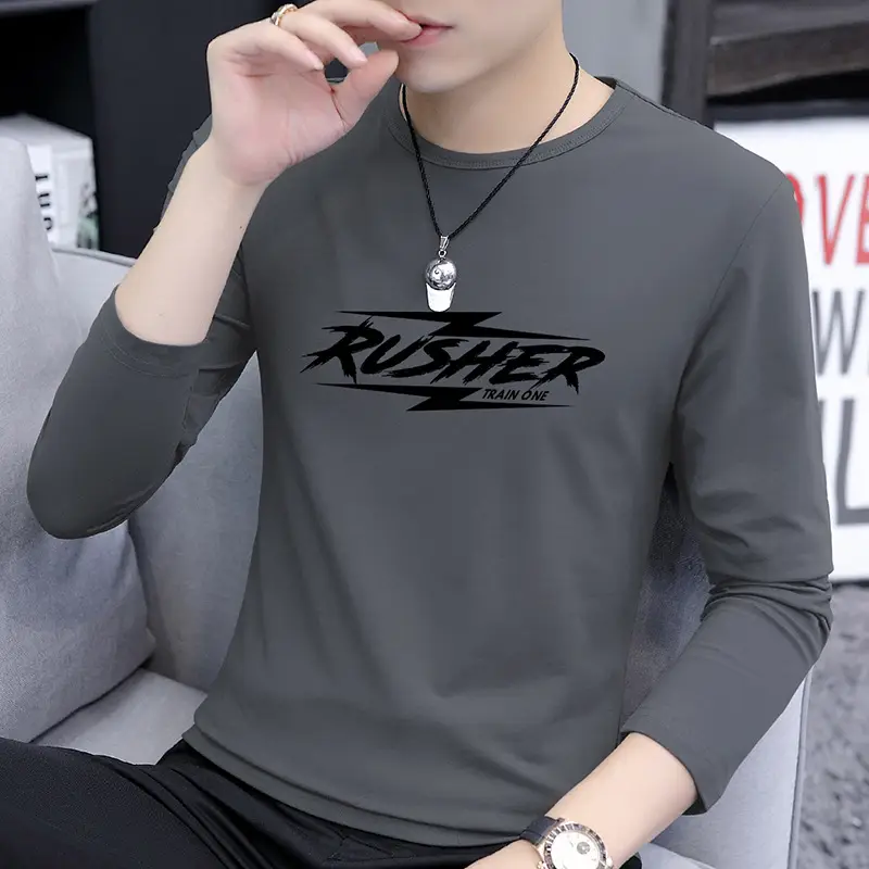 Men Korean Style Long Sleeve Printed T-Shirt Grey