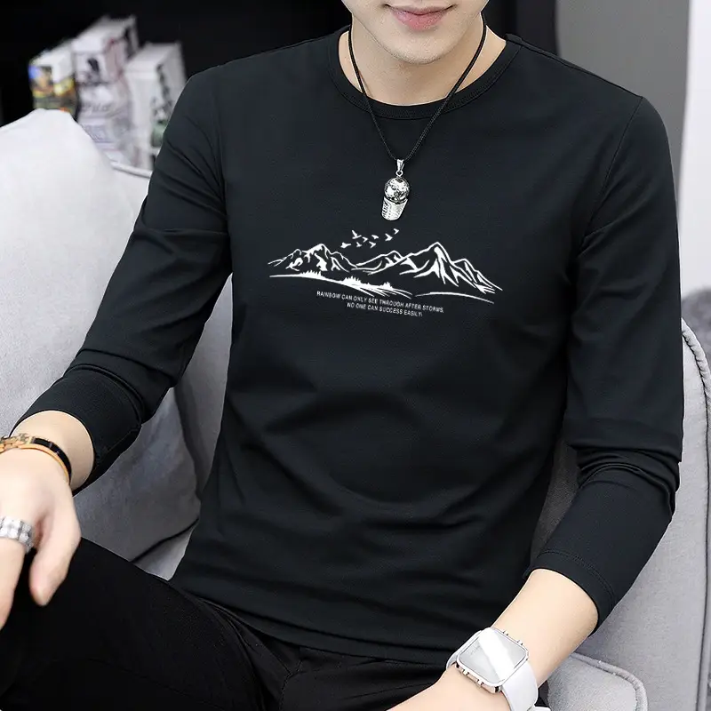 Men Korean Style Long Sleeve Printed T-Shirt Grey