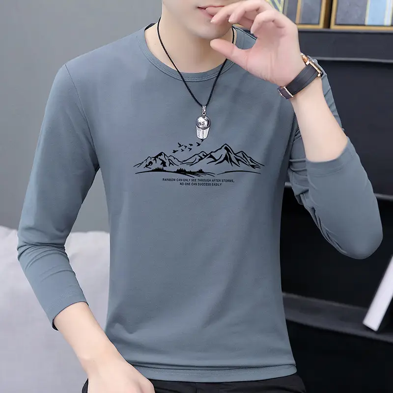 Men Korean Style Long Sleeve Printed T-Shirt Grey