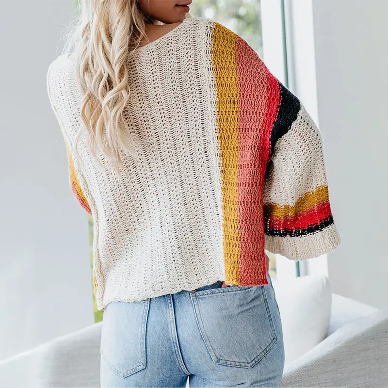 Color Block Knit Sweater One-Longer Off-Shoulder - Image 6