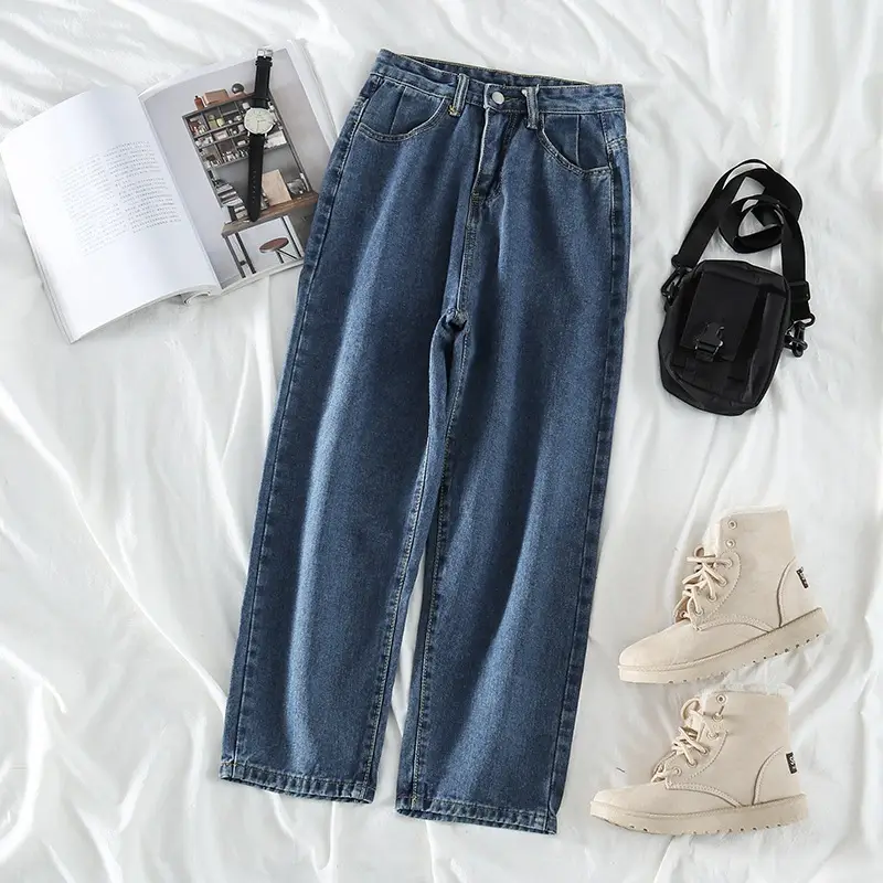 Women High Waist Wide Leg Jeans Blue Korean Style - Image 3