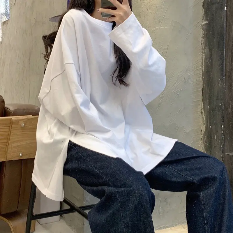 Women Long Sleeve T-Shirt Pink Korean Style Loose Fit