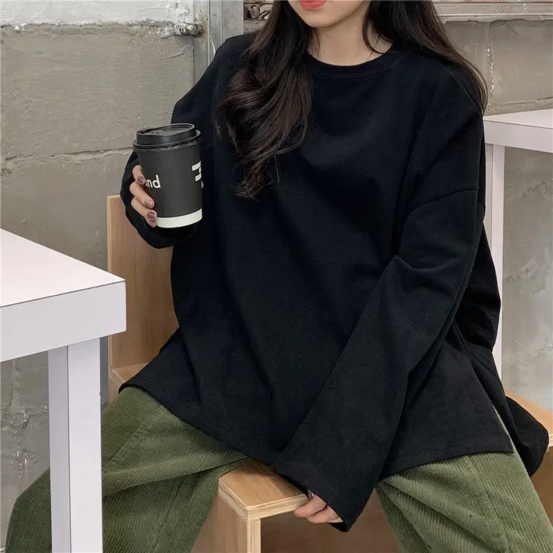 Women Long Sleeve T-Shirt Pink Korean Style Loose Fit