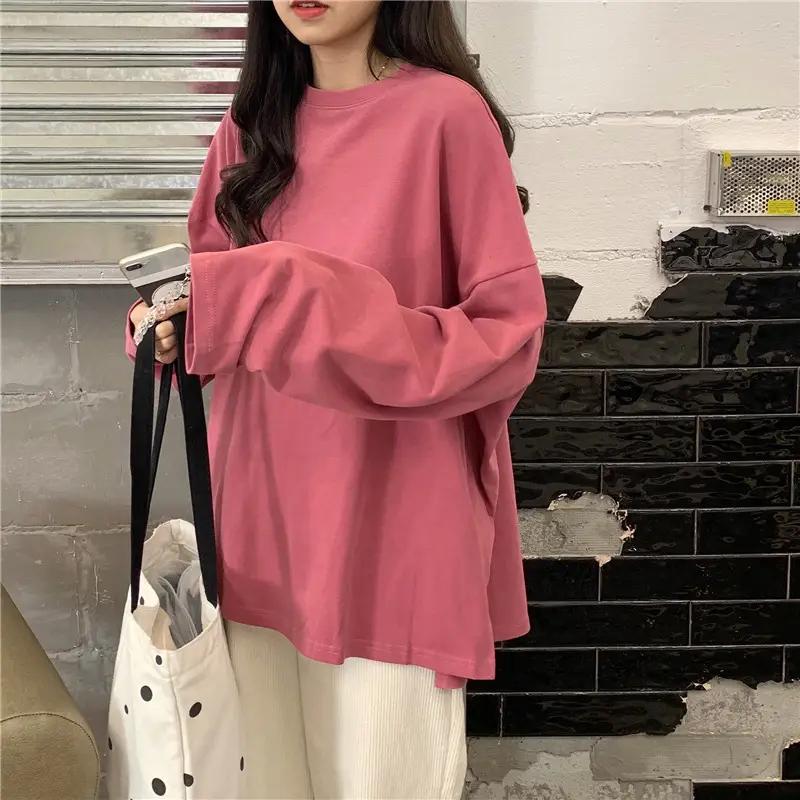 Women Long Sleeve T-Shirt Pink Korean Style Loose Fit