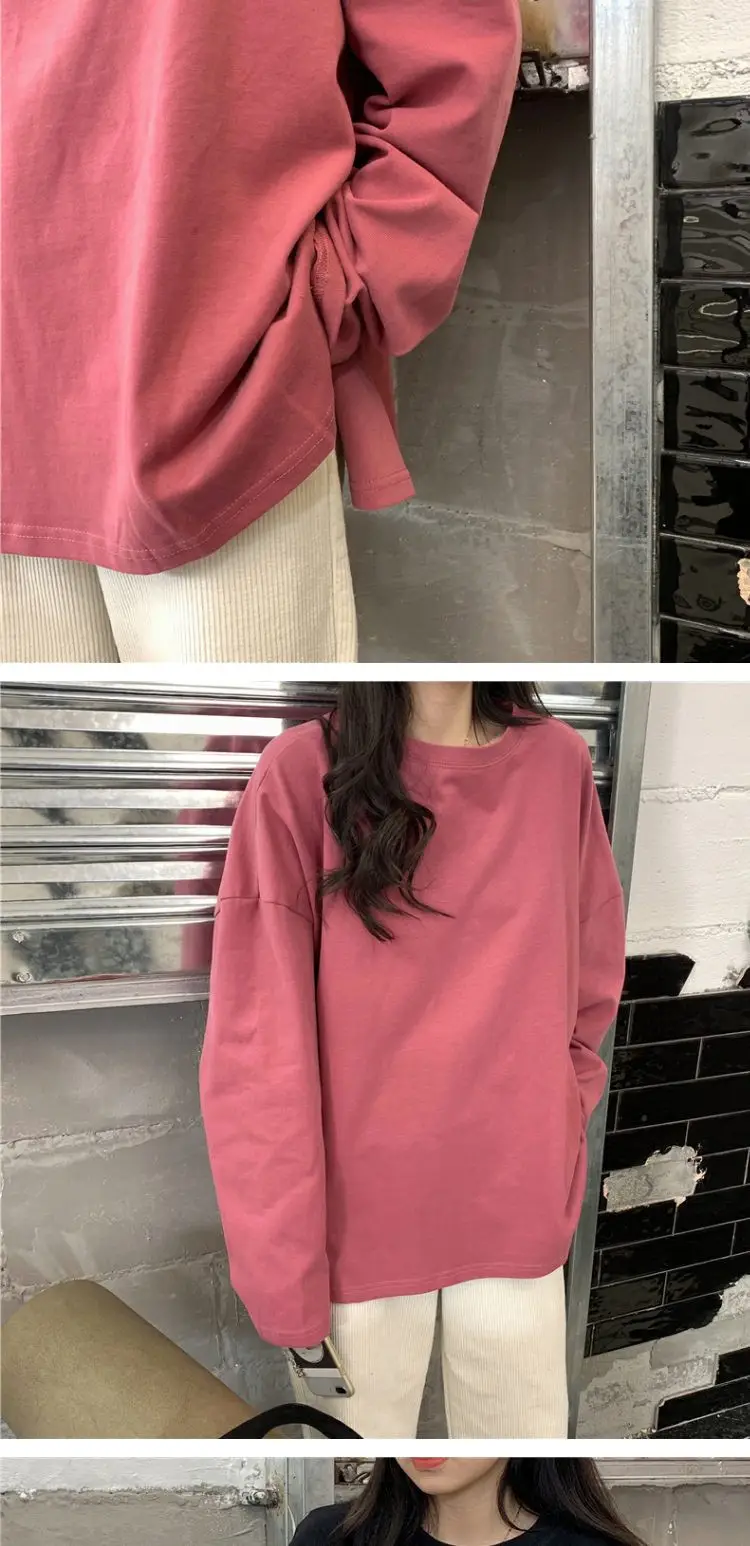 Women Long Sleeve T-Shirt Pink Korean Style Loose Fit — feature 9