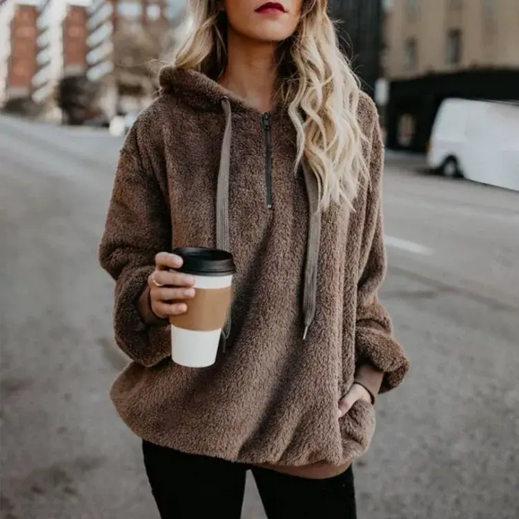 Women Grey Hooded Sweatshirt Long Sleeve Solid Color — feature 3