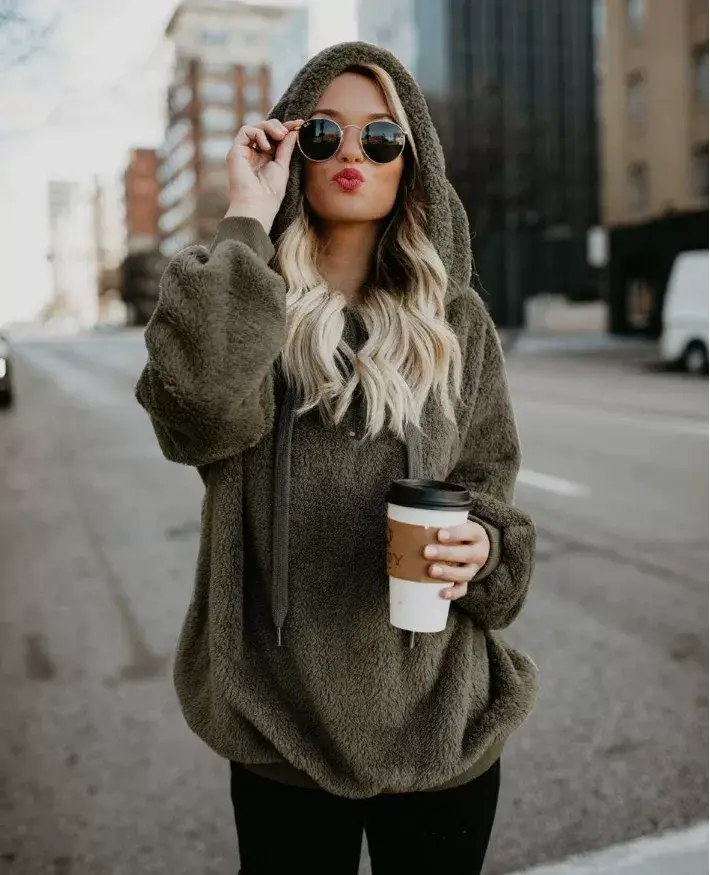 Women Grey Hooded Sweatshirt Long Sleeve Solid Color — feature 7