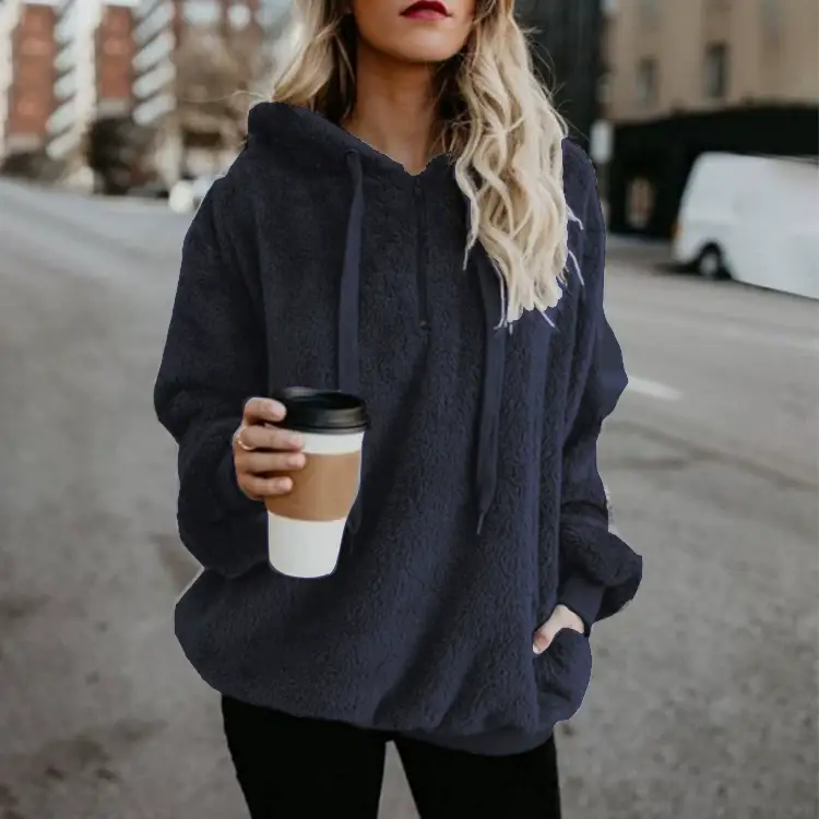 Women Grey Hooded Sweatshirt Long Sleeve Solid Color — feature 8