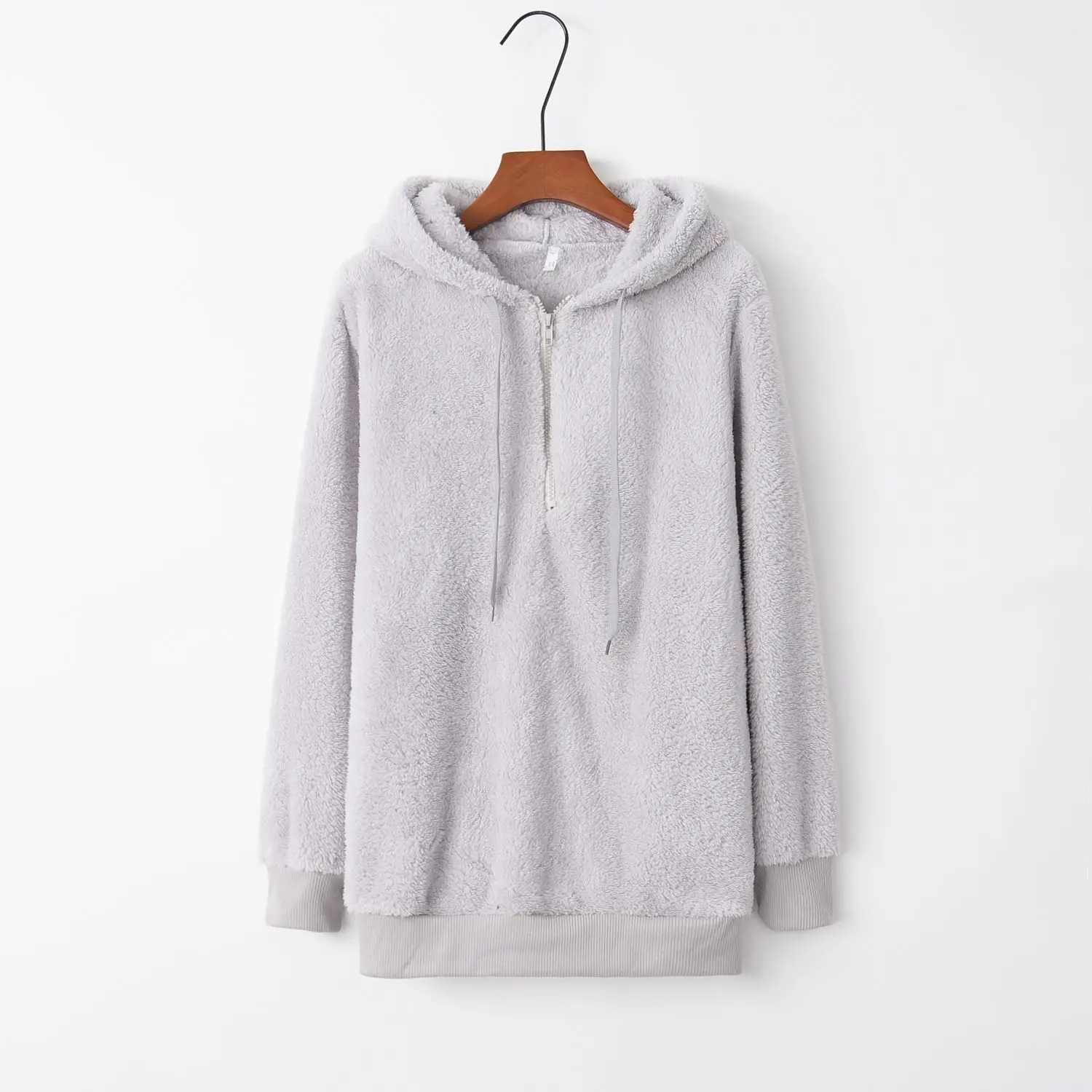Women Grey Hooded Sweatshirt Long Sleeve Solid Color - Image 5