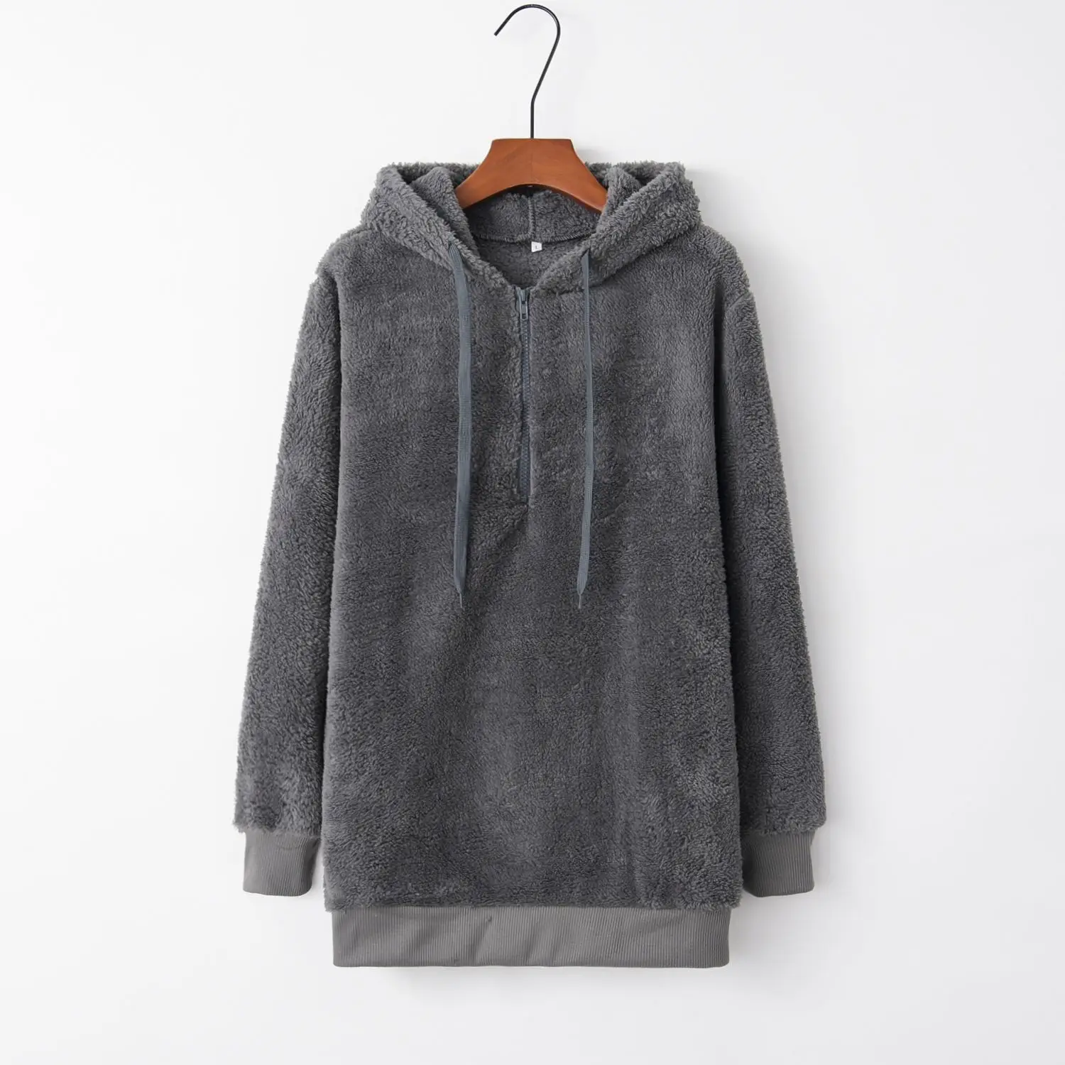 Women Grey Hooded Sweatshirt Long Sleeve Solid Color - Image 6