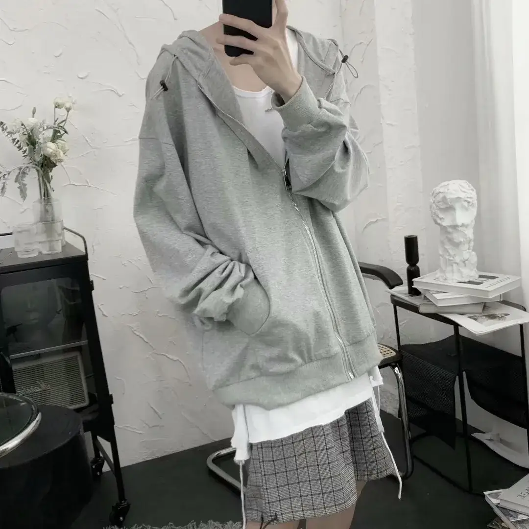Men's Grey Hooded Lazy Sweater Jacket with Zip Front - Image 2