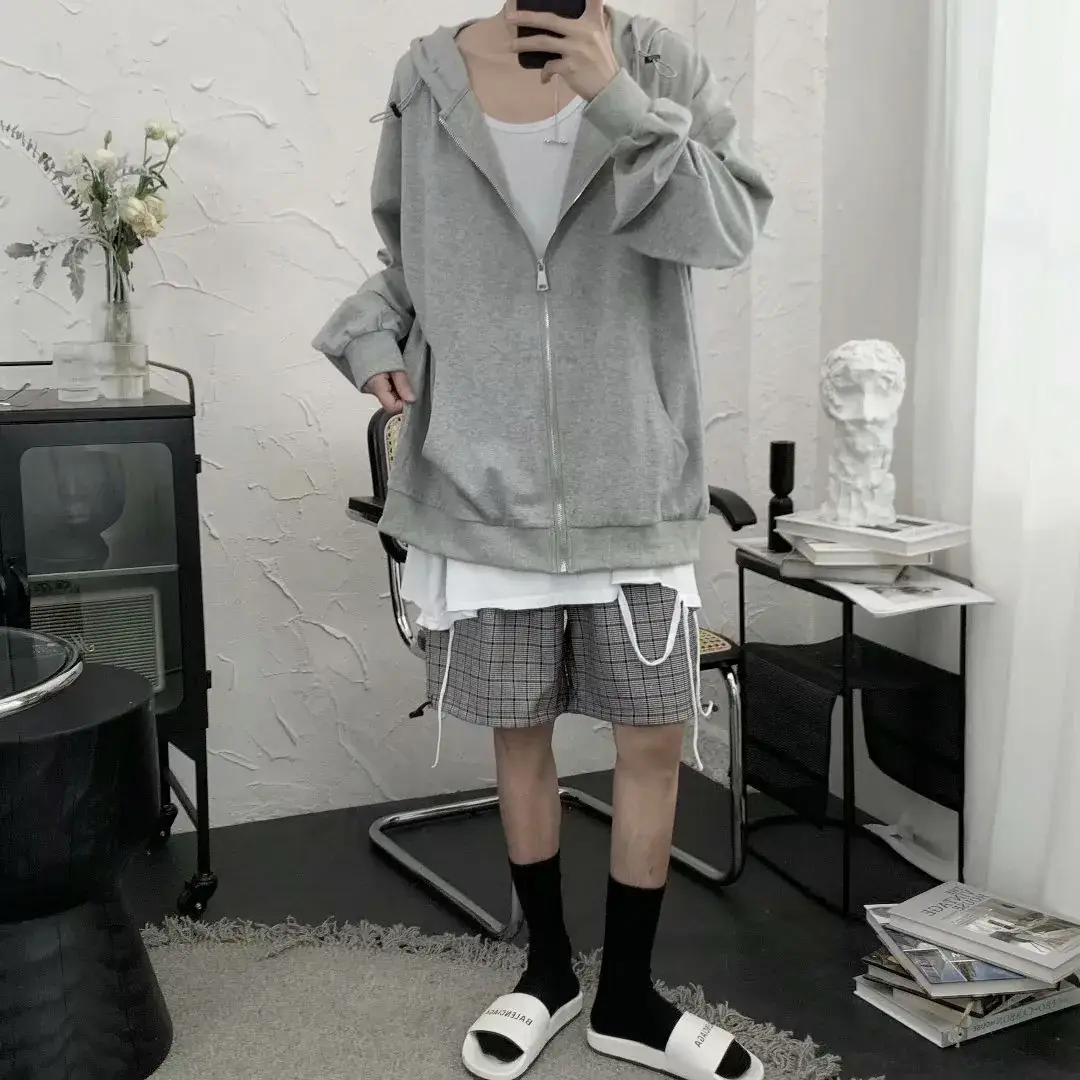 Men's Grey Hooded Lazy Sweater Jacket with Zip Front - Image 4
