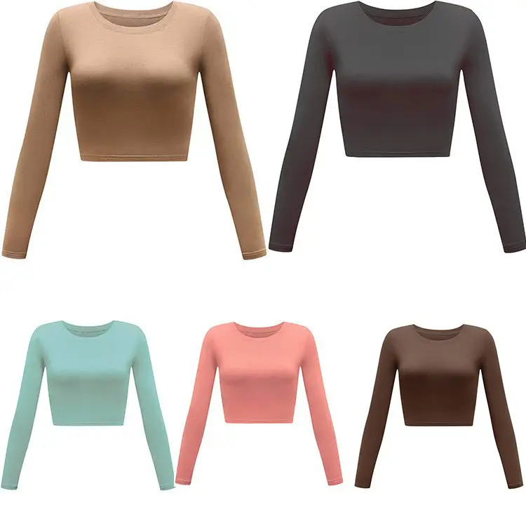 Women Grey Long Sleeve Crop Top Round Neck