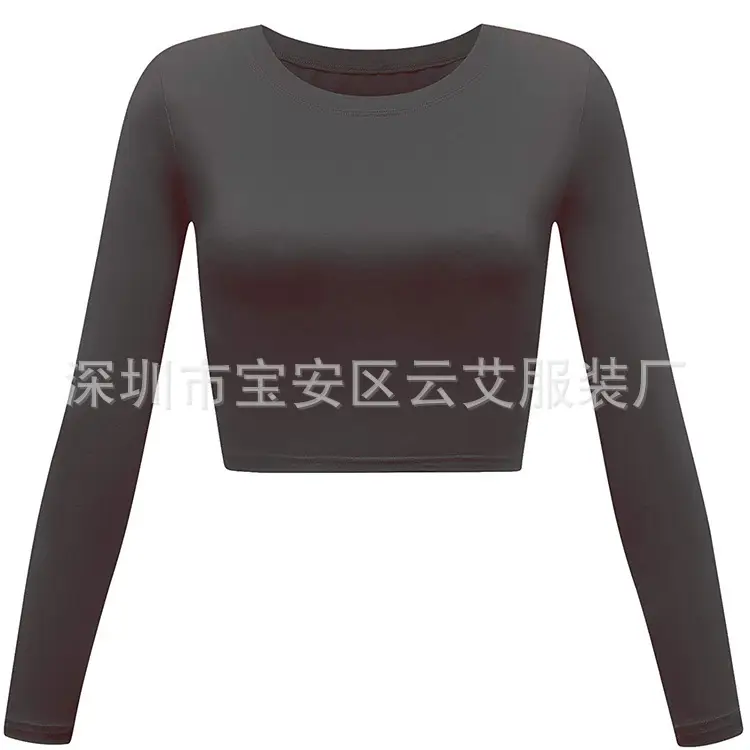 Women Grey Long Sleeve Crop Top Round Neck