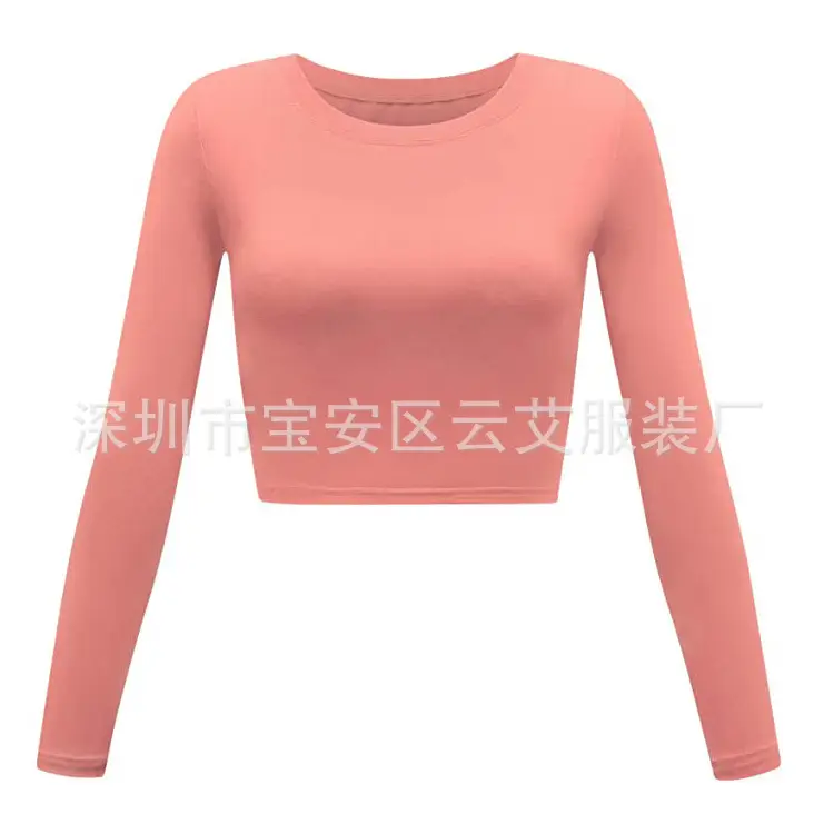 Women Grey Long Sleeve Crop Top Round Neck