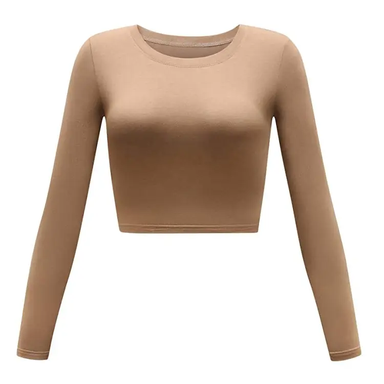 Women Grey Long Sleeve Crop Top Round Neck