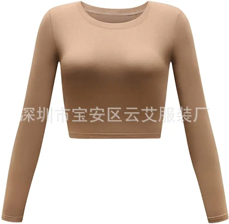 Women Grey Long Sleeve Crop Top Round Neck
