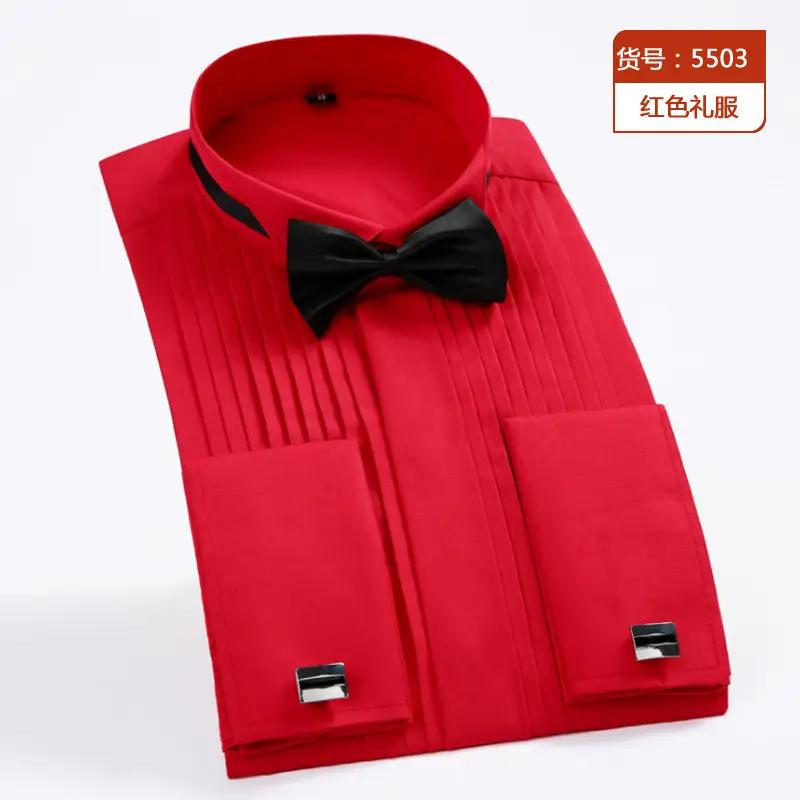 Men's White Bow Tie Long Sleeve Shirt with Red Tie - Image 6