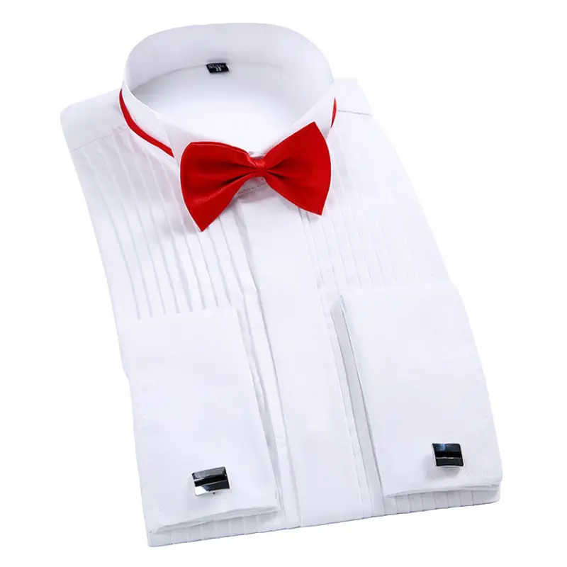 Men's White Bow Tie Long Sleeve Shirt with Red Tie - Image 7