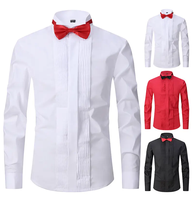 Men's White Bow Tie Long Sleeve Shirt with Red Tie — feature 1